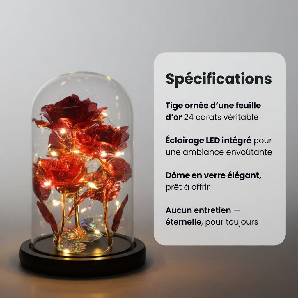 La Rose Dorée Éternelle 24k sous Dôme Lumineux – L'Or & l'Amour Pour Toujours