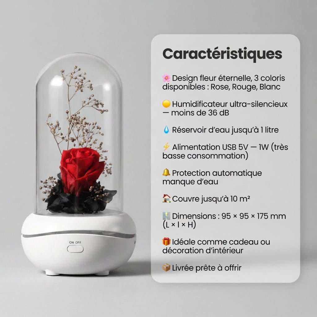 Lampe fleur éternelle humidificateur d'ambiance – coloris Rouge | Les Roses De Lola-Caractéristiques