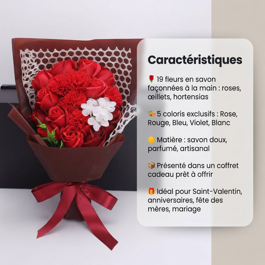 Bouquet 19 roses de savon fait main – coloris Rouge | Les Roses De Lola - Caractéristiques
