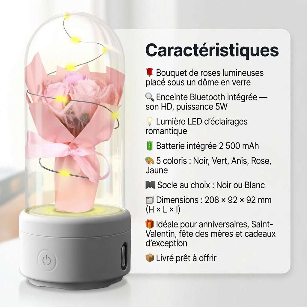 	Bouquet lumineux sous dôme en verre enceinte Bluetooth LED – Rose socle Blanc | Les Roses De Lola-caractéristiques