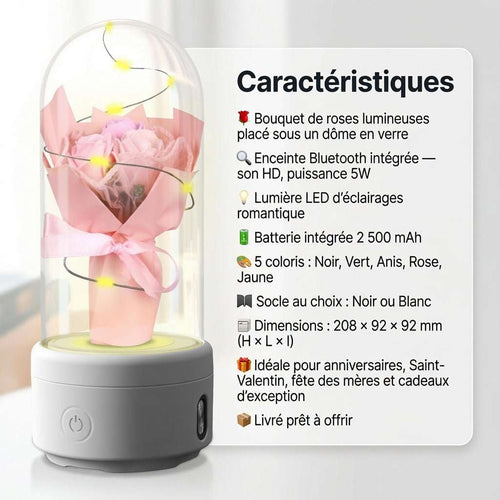 	Bouquet lumineux sous dôme en verre enceinte Bluetooth LED – Rose socle Blanc | Les Roses De Lola-caractéristiques