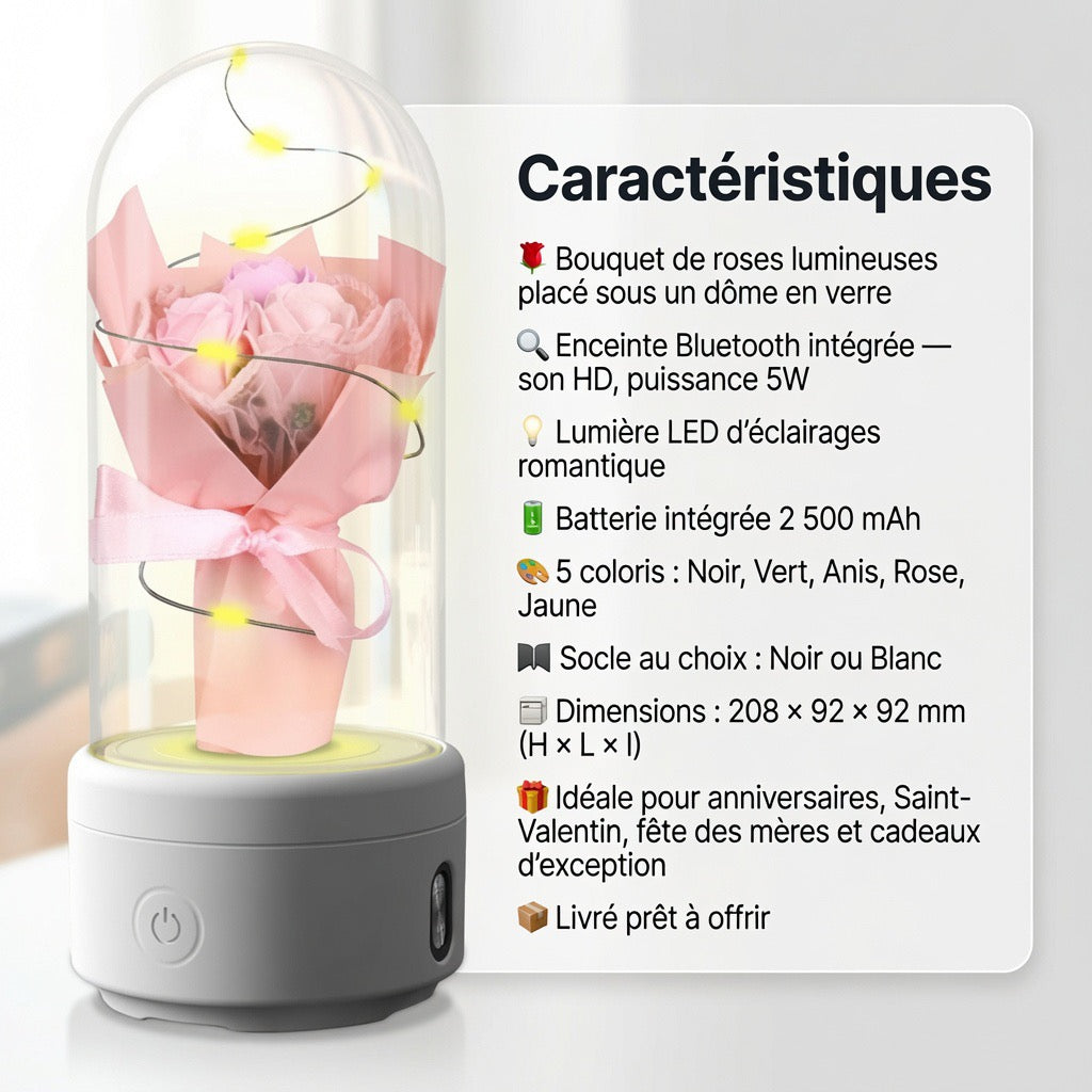 	Bouquet lumineux sous dôme en verre enceinte Bluetooth LED – Rose socle Blanc | Les Roses De Lola-caractéristiques