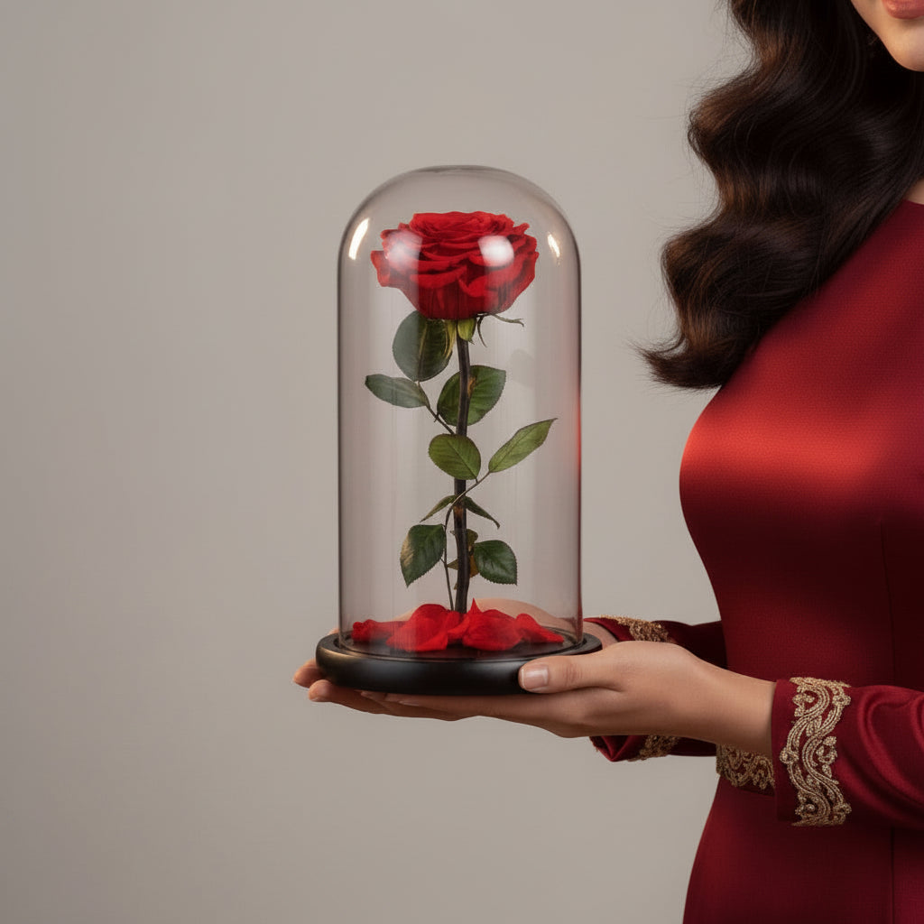 Rose éternelle XL – coloris rouge sous grand dôme-présentation