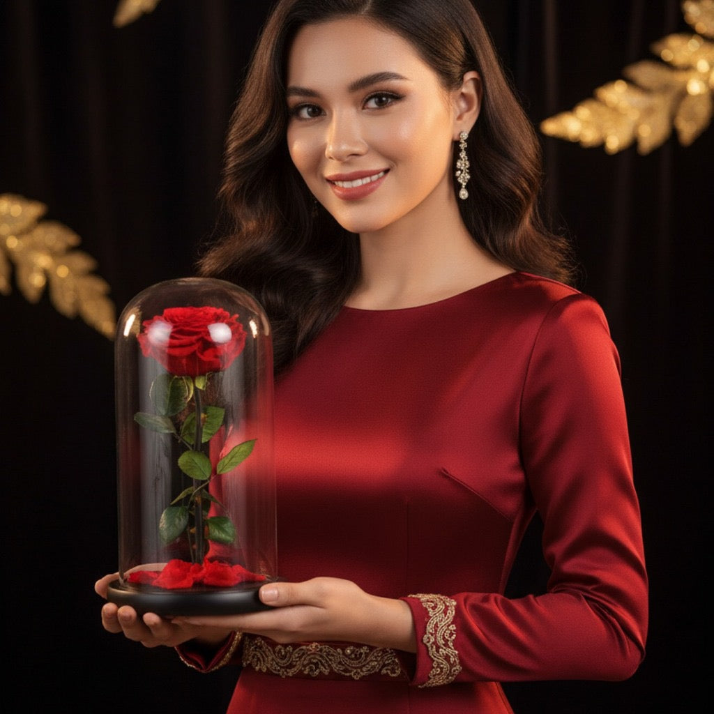 Rose éternelle XL – coloris rouge sous grand dôme-présentation