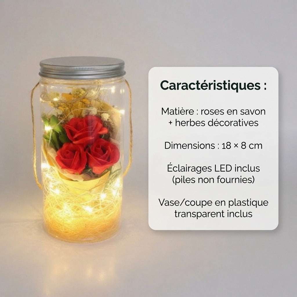 Bouquet roses en savon – détail fleurs et herbes décoratives-carctéristiques