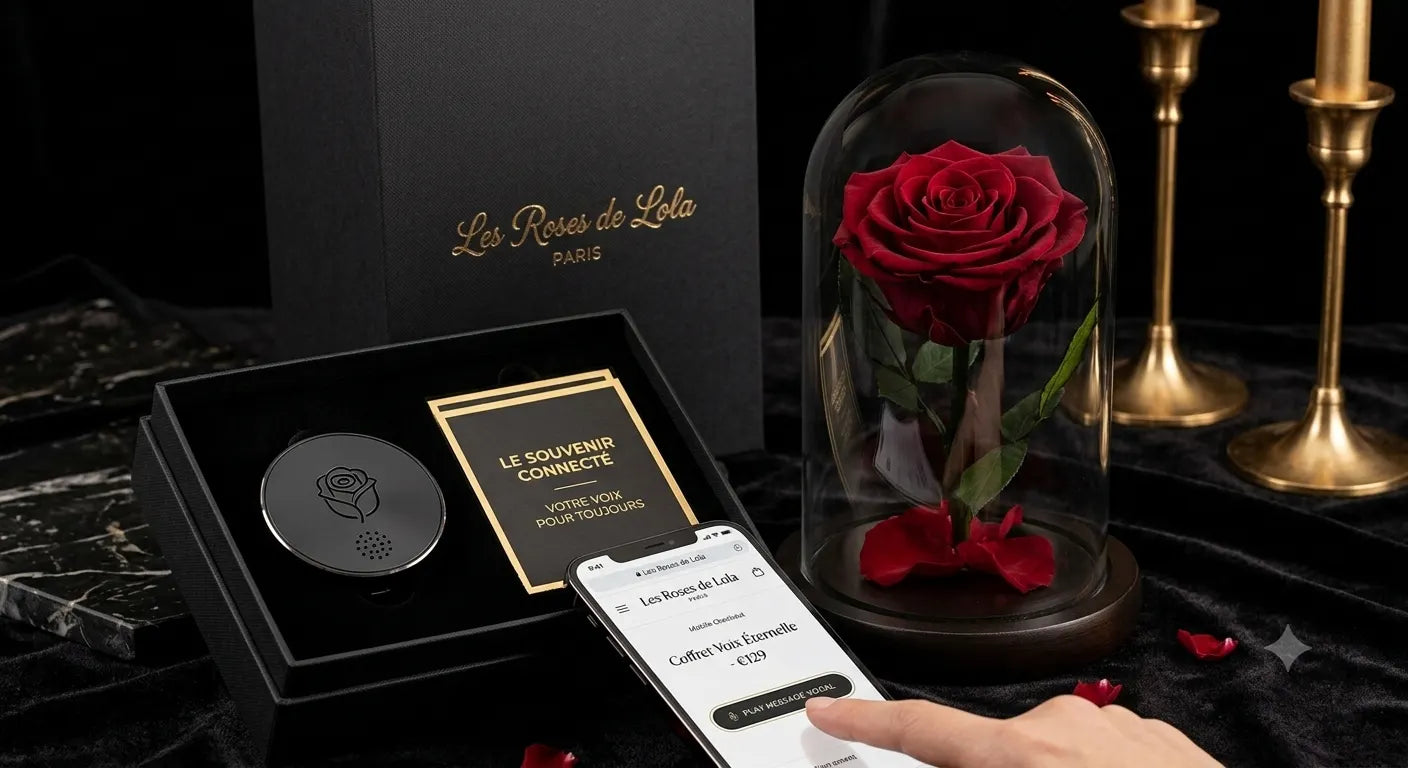 Coffret Le Souvenir Connecté de Les Roses de Lola : écrin noir et or avec QR code et message vocal inclus