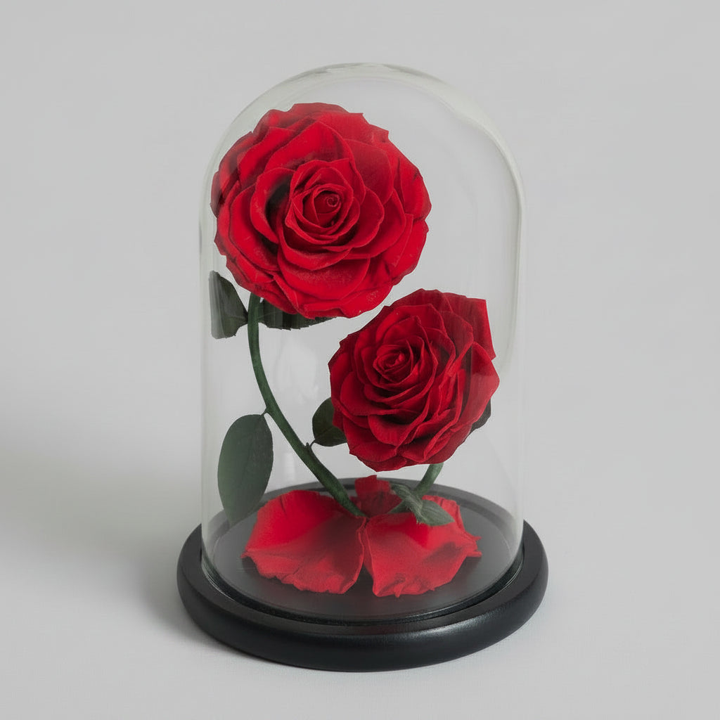Le Dôme des Âmes Sœurs – double rose éternelle préservée sur podium