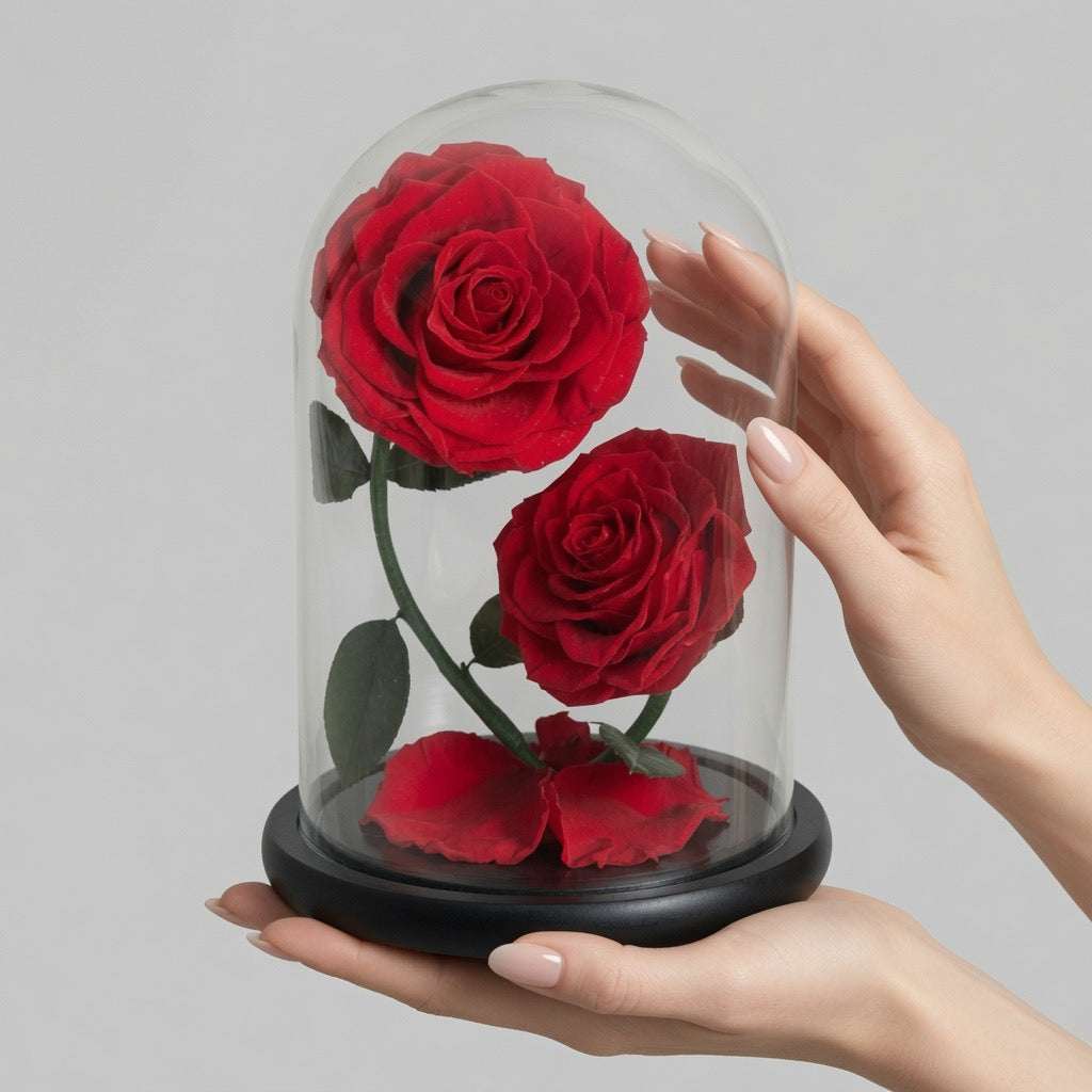 2 roses éternelles côte à côte – vue de face cadeau âme sœur