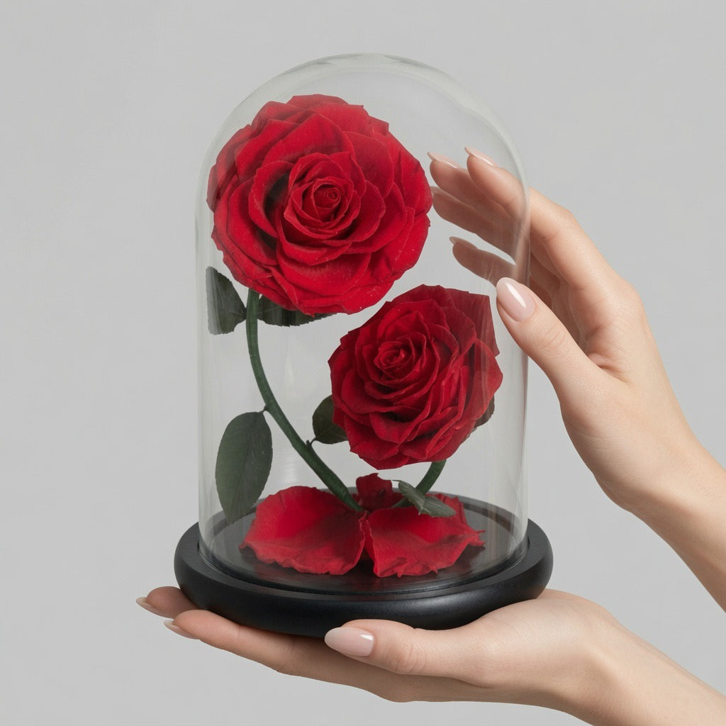 2 roses éternelles côte à côte – vue de face cadeau âme sœur