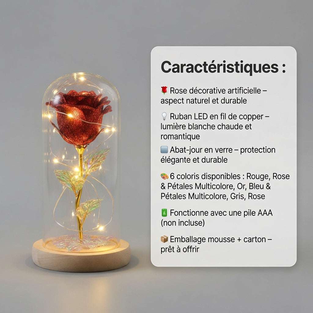Dôme Rose Éternelle Lumière LED & Verre-caractéristiques