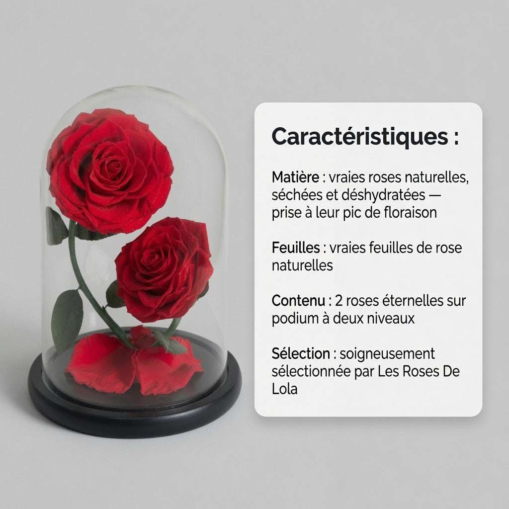 Le Dôme des Âmes Sœurs – double rose éternelle préservée sur podium-caratéristiques
