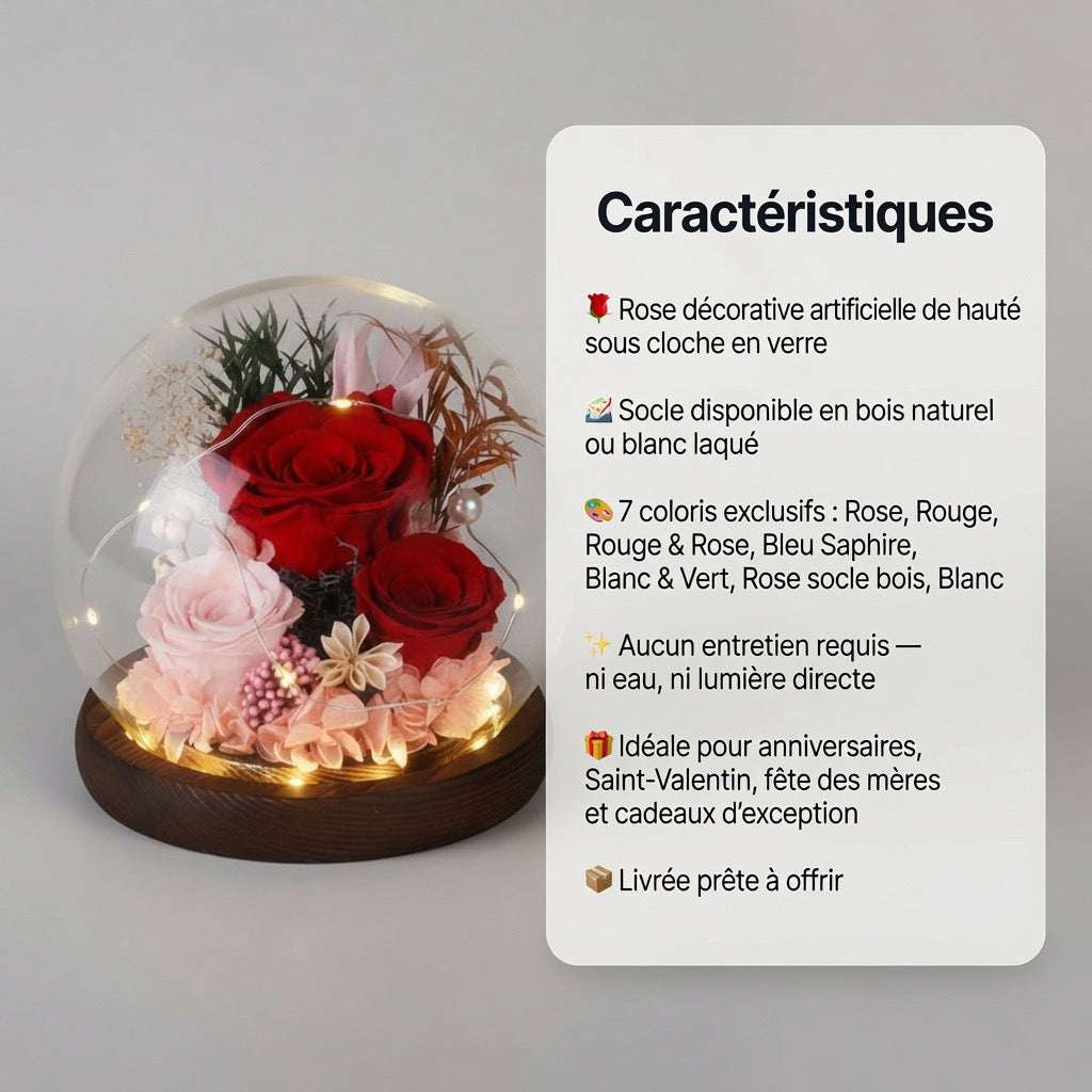 Rose Éternelle sous Cloche en Verre avec Socle