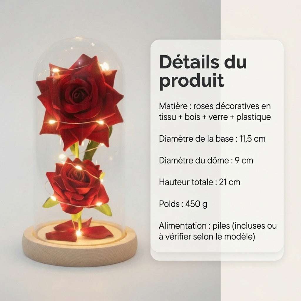 Rose éternelle lumineuse sous dôme LED romantique – photo complémentaire | Les Roses De Lola