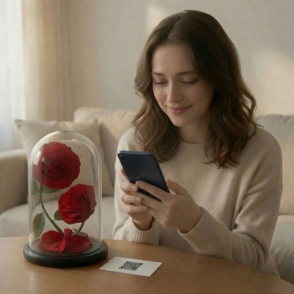 Découvrez les Roses De Lola: rose éternelle sous cloche.Jeune femme touchée qui scanne le QR code associé avec son téléphone