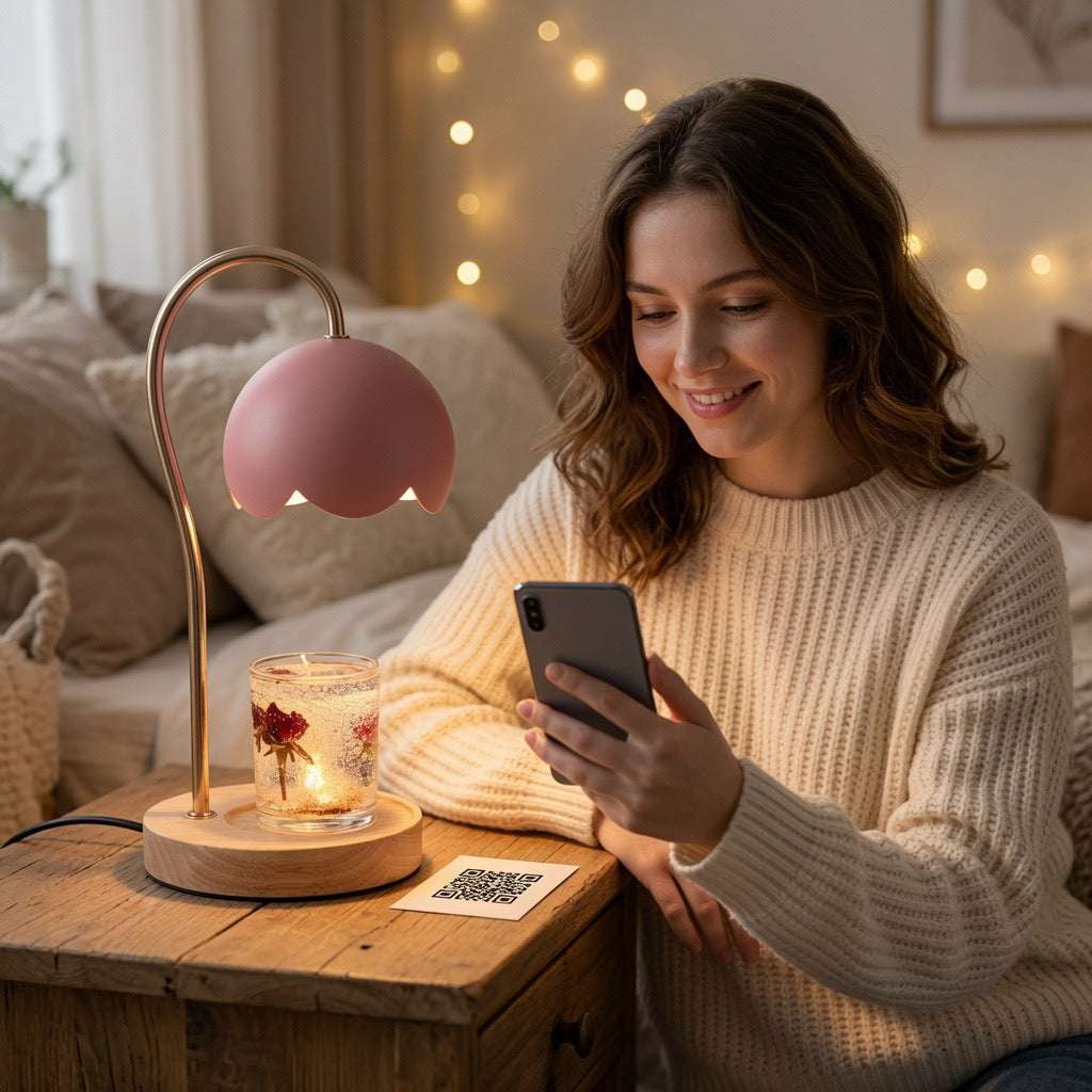 Les Roses De Lola-Lampe décorative bougie roses éternelle femme scannant le QR code associé au produit. lumière douce ambiance cosy.