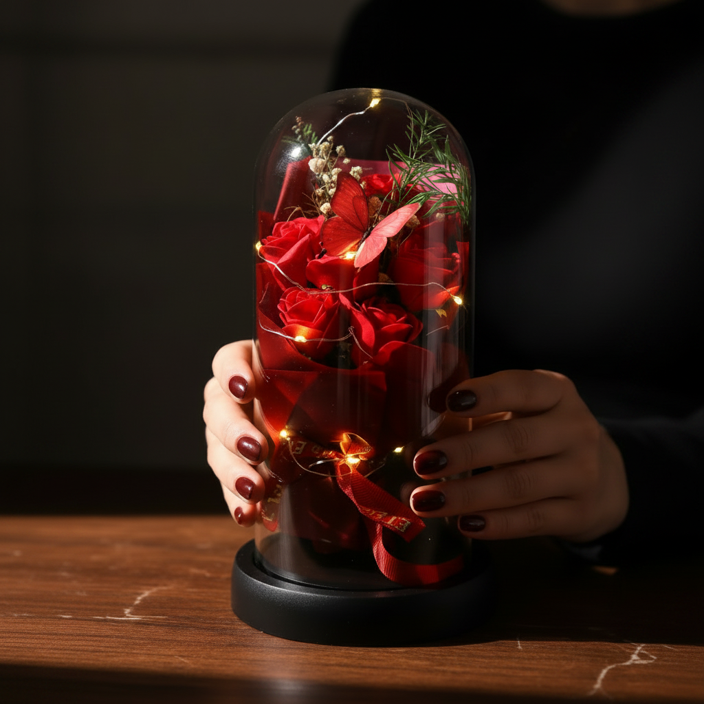 Détail du bouquet de roses rouge éternelles sous cloche et LED  – cadeau romantique Présentation