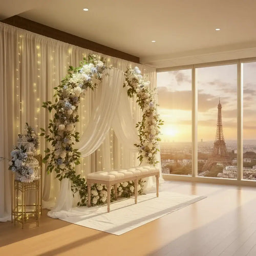Arche de roses artificielles blanches — décoration cérémonie de mariage