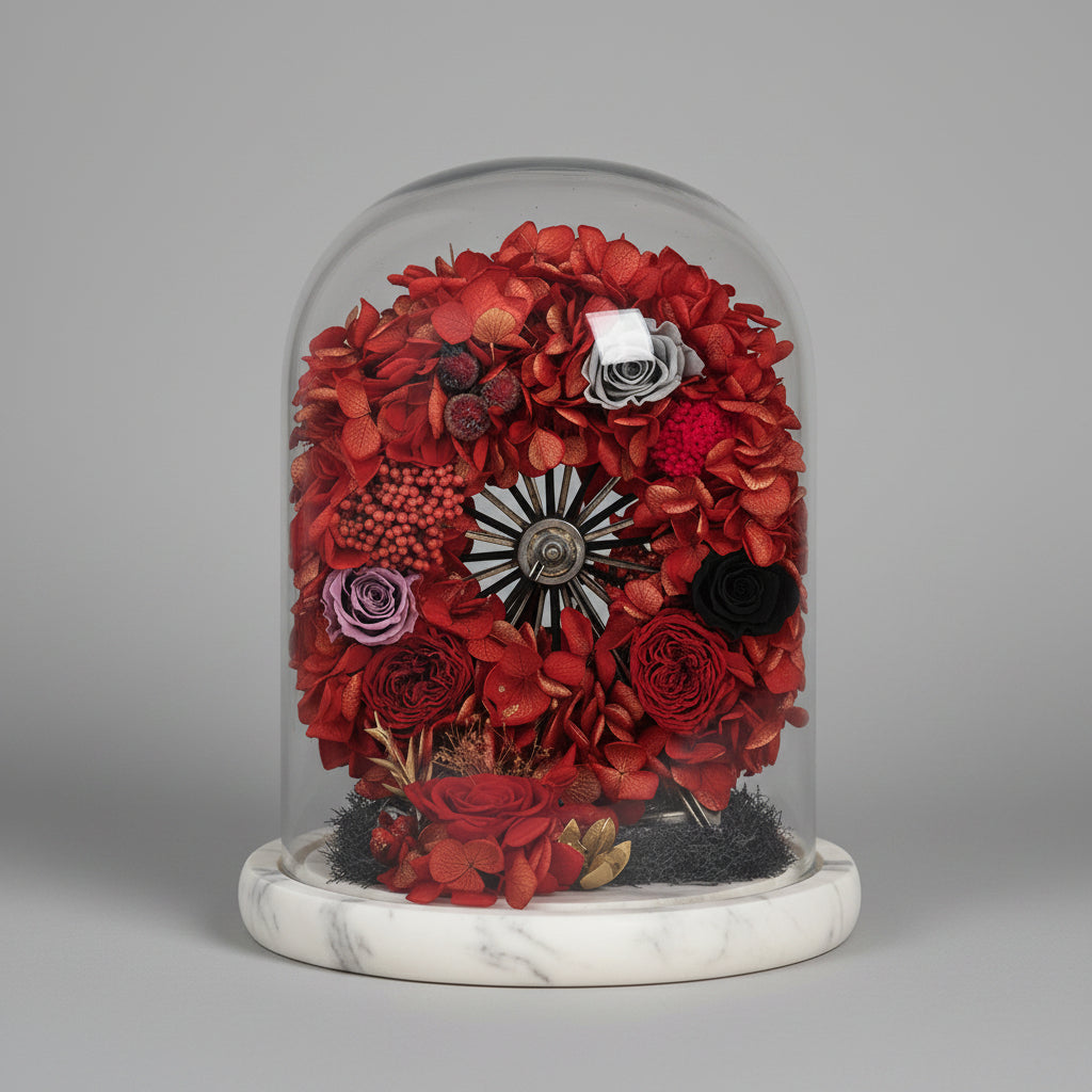 Rose éternelle sous cloche en verre et Hortensia Grande Roue Style 1 