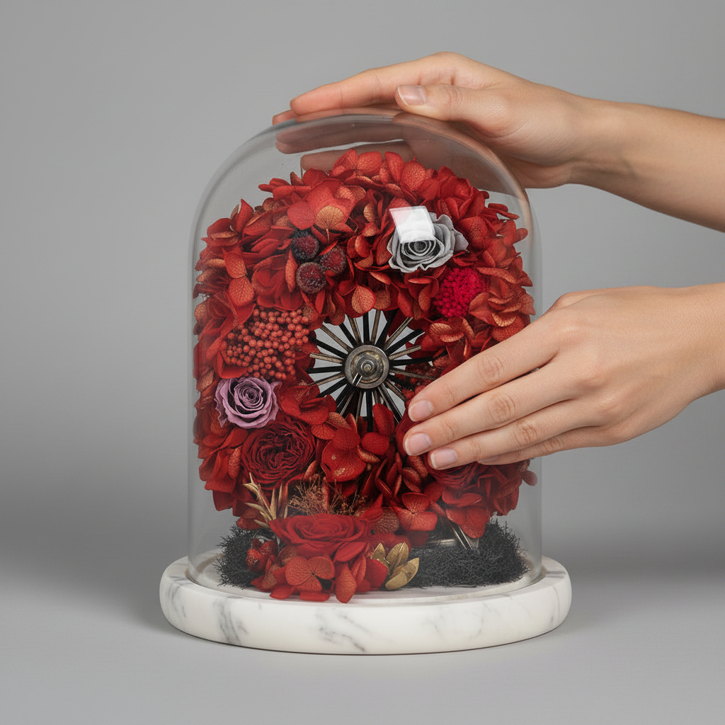 La Grande Roue – Roses & Hortensias Éternels sous Cloche en Verre