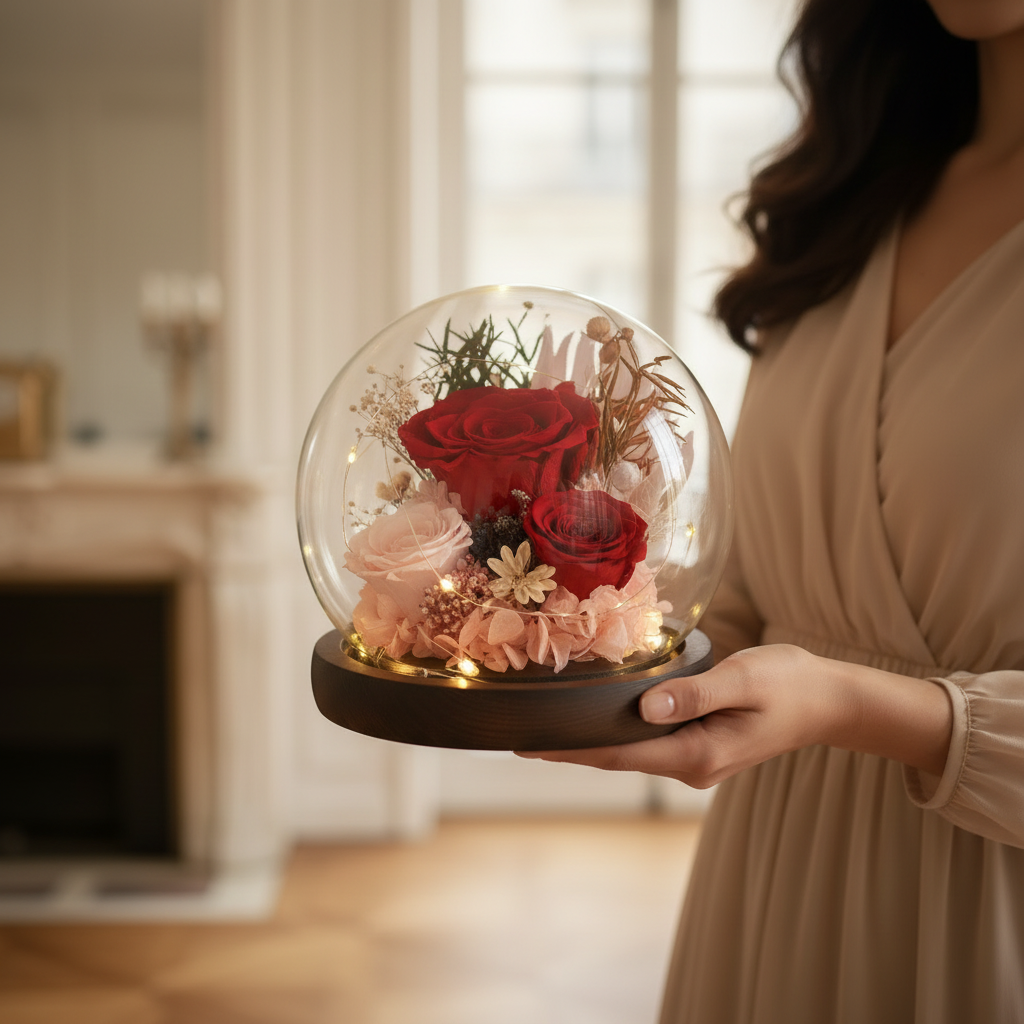 Rose Éternelle sous Cloche en Verre avec Socle