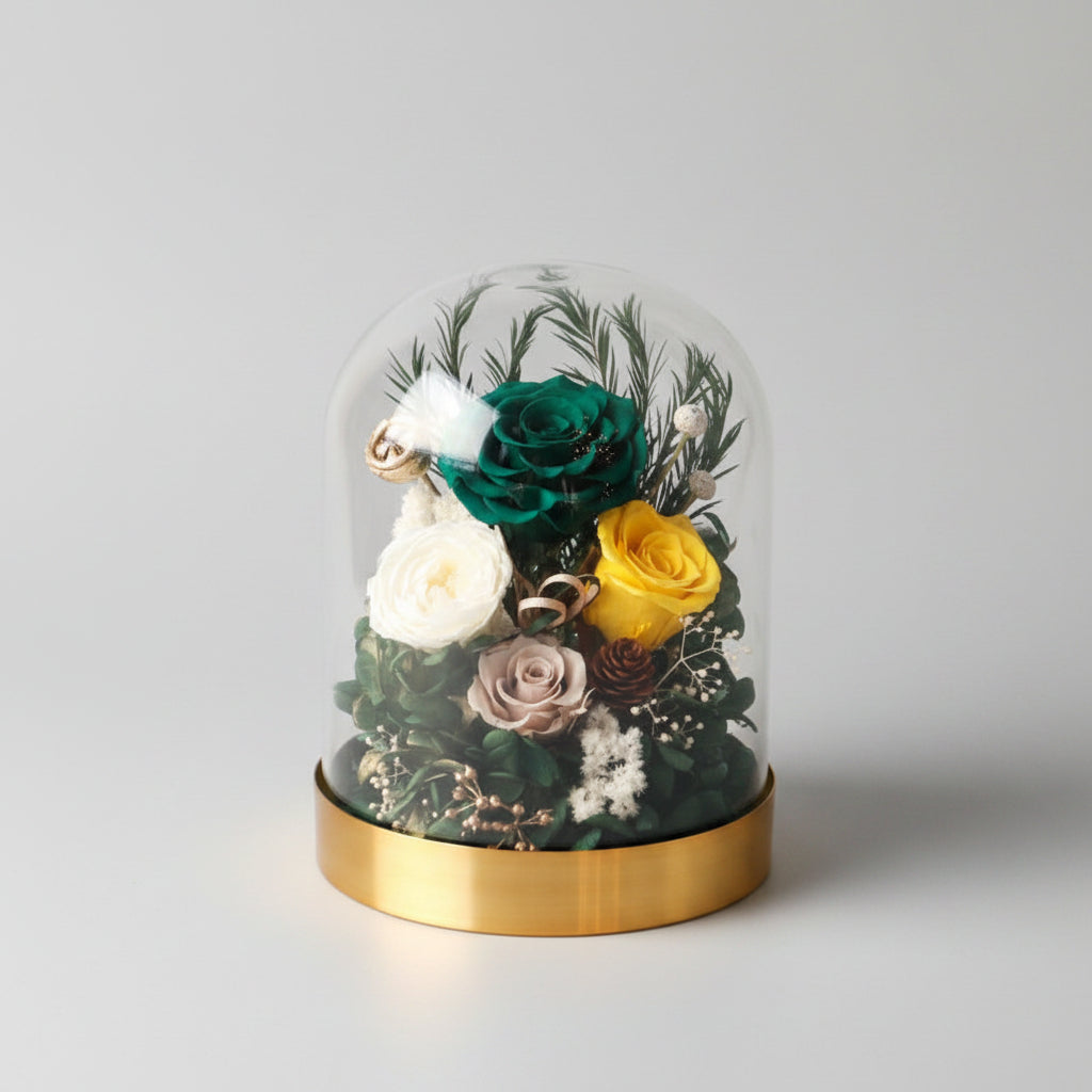 Bouquet de 4 roses éternelles vertes préservées sous dôme en verre – Les Roses De Lola