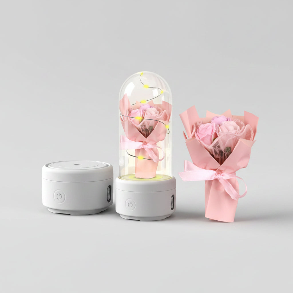 	Bouquet lumineux sous dôme en verre enceinte Bluetooth LED – Rose socle Blanc | Les Roses De Lola- détails