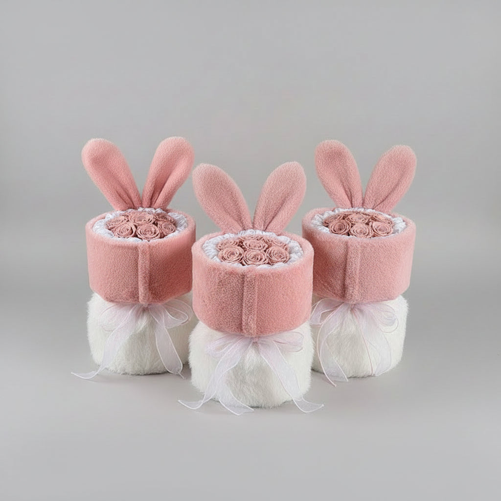 Bouquet roses soie oreilles lapin – coloris rose et blanc