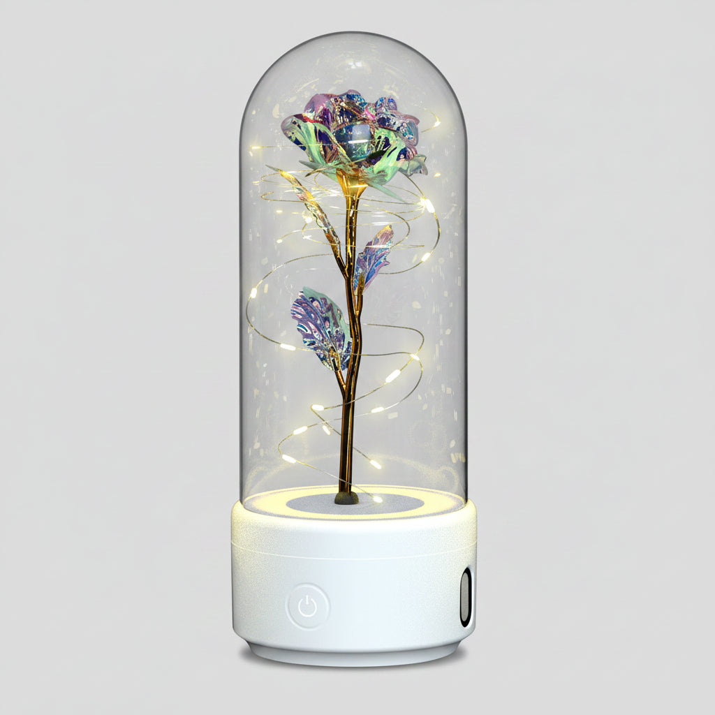 Rose éternelle LED Bluetooth – socle blanc fleur multicolore