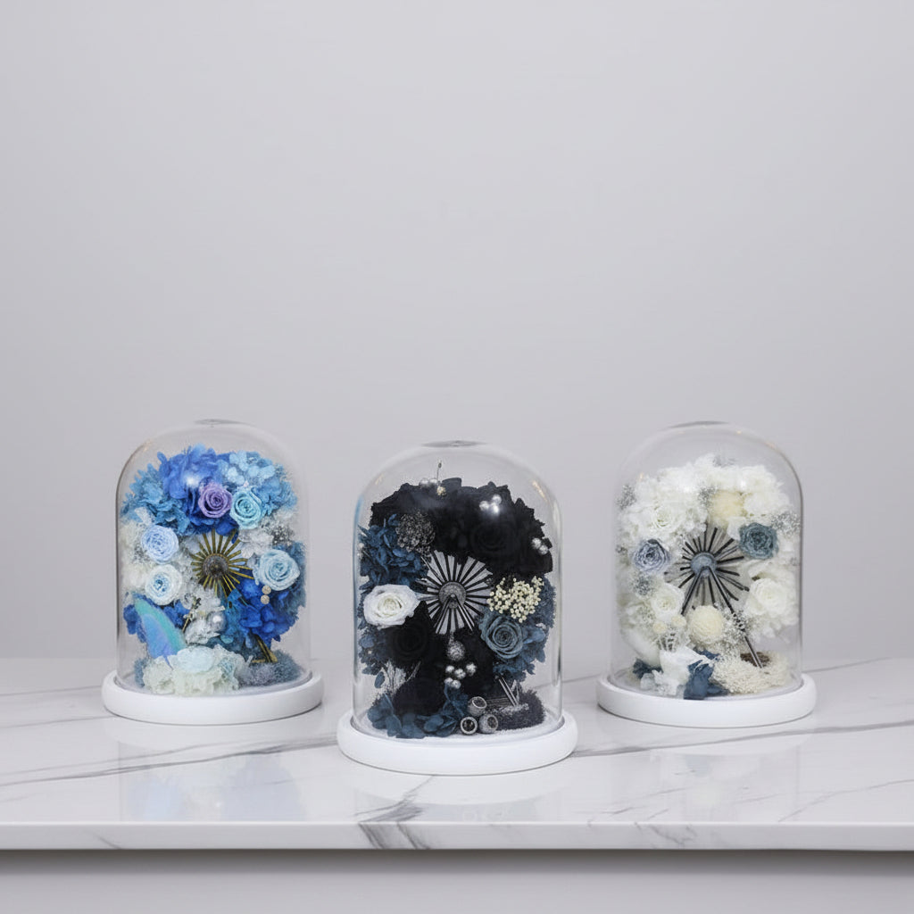 Rose éternelle sous cloche en verre et Hortensia Grande Roue Style | Les Roses De Lola