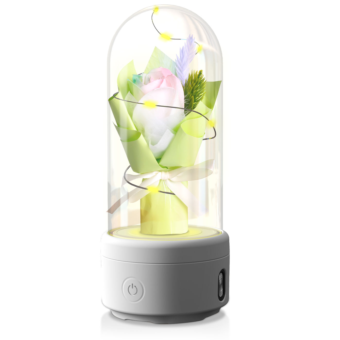 Bouquet lumineux sous dôme en verre enceinte Bluetooth LED – Anis socle Blanc | Les Roses De Lola