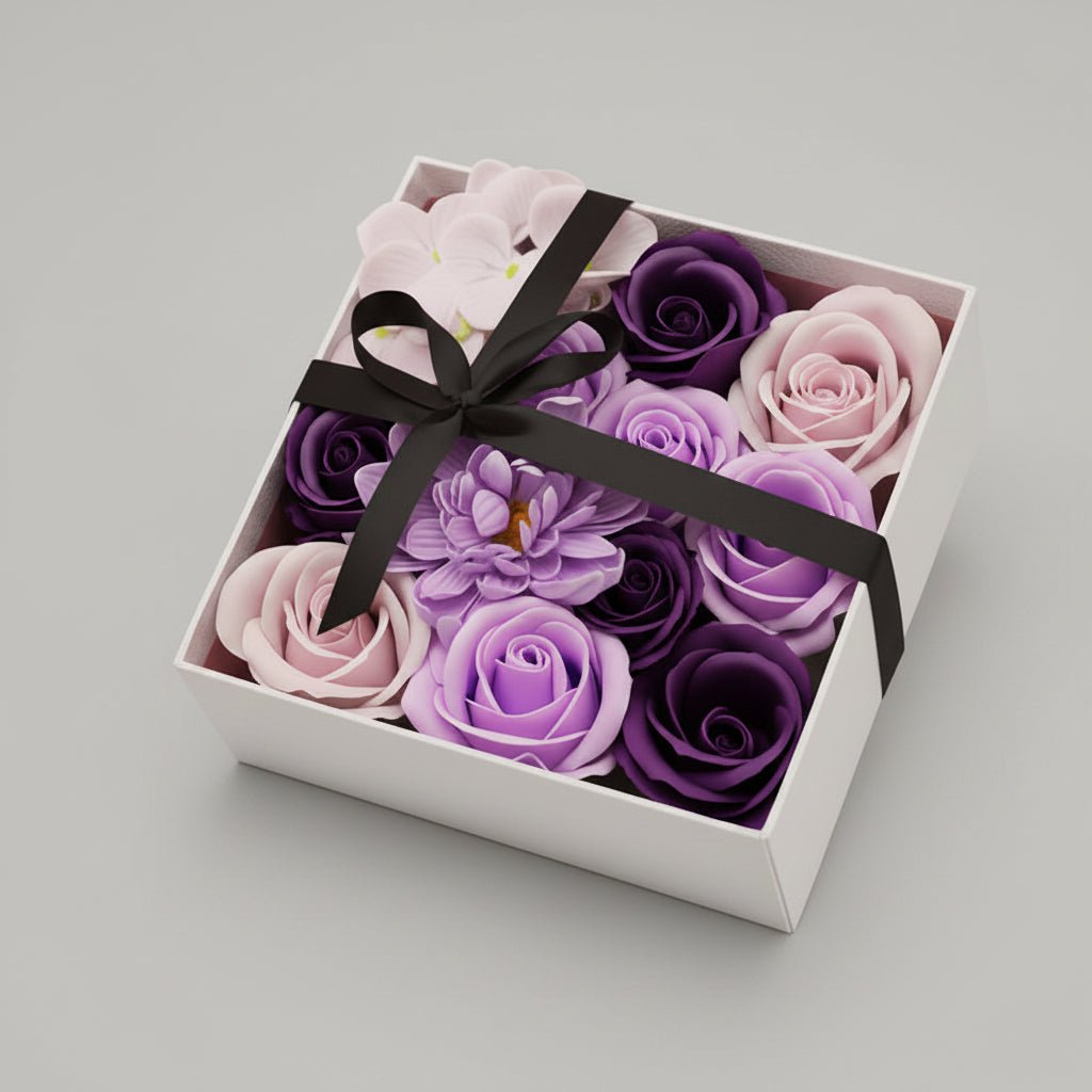 Boîte roses savon violet – cadeau original luxe | Les Roses De Lola