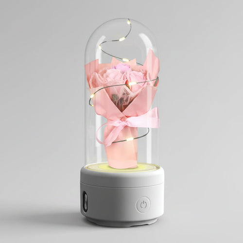 	Bouquet lumineux sous dôme en verre enceinte Bluetooth LED – Rose socle Blanc | Les Roses De Lola photo de couverture