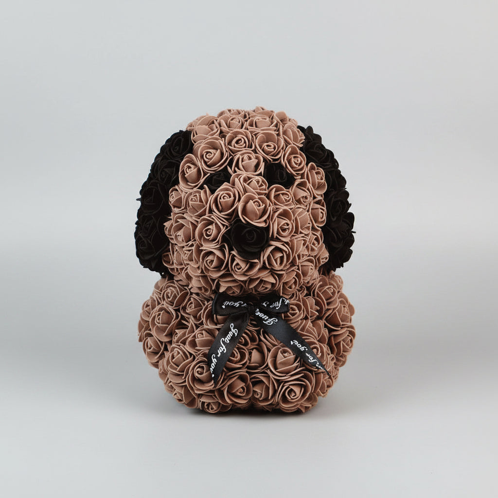 Rose préservée chien marron – cadeau original en fleurs préservées