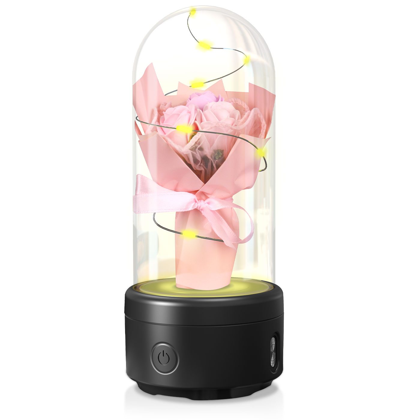 Bouquet lumineux sous dôme en verre enceinte Bluetooth LED – Rose socle Noir | Les Roses De Lola