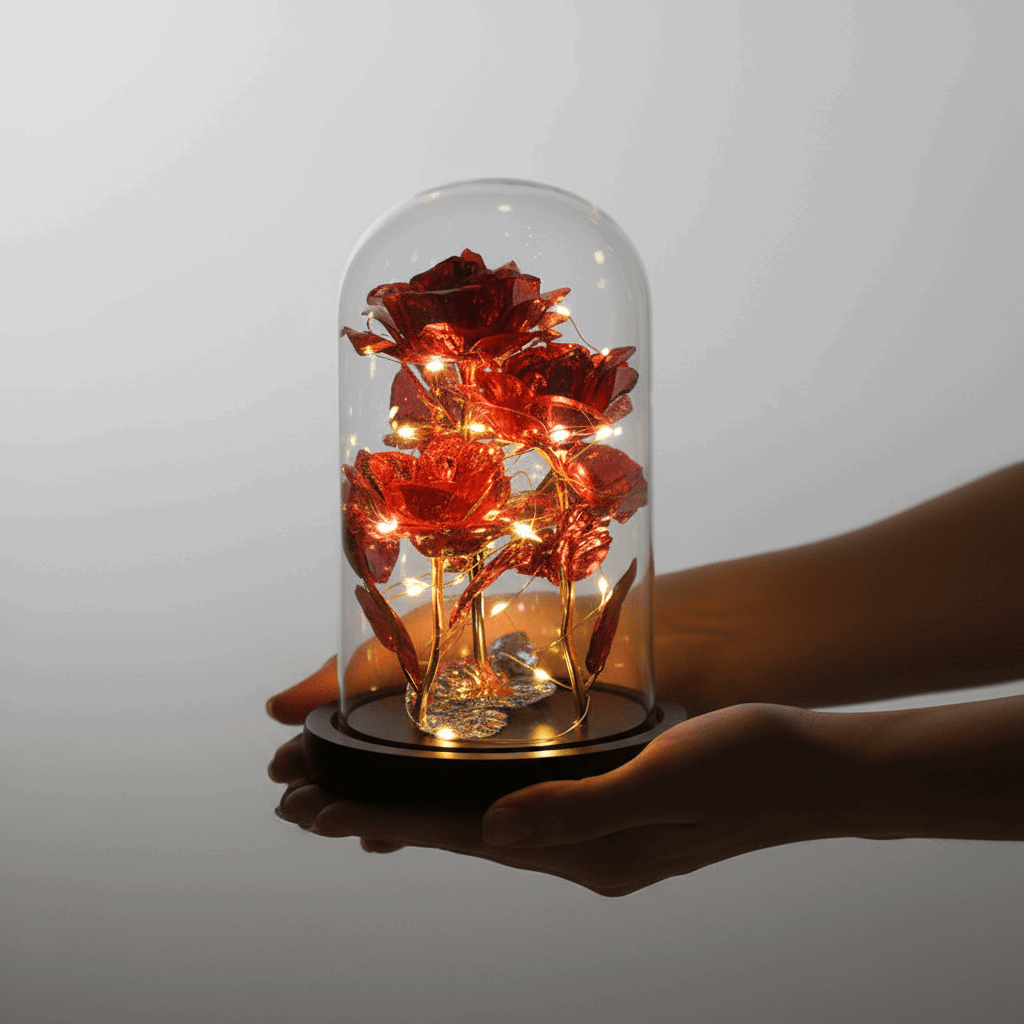 La Rose Dorée Éternelle 24k sous Dôme Lumineux – L'Or & l'Amour Pour Toujours