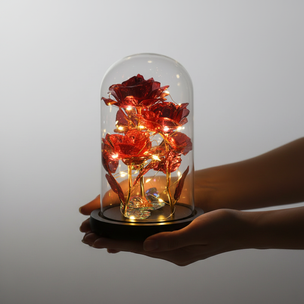La Rose Dorée Éternelle 24k sous Dôme Lumineux – L'Or & l'Amour Pour Toujours