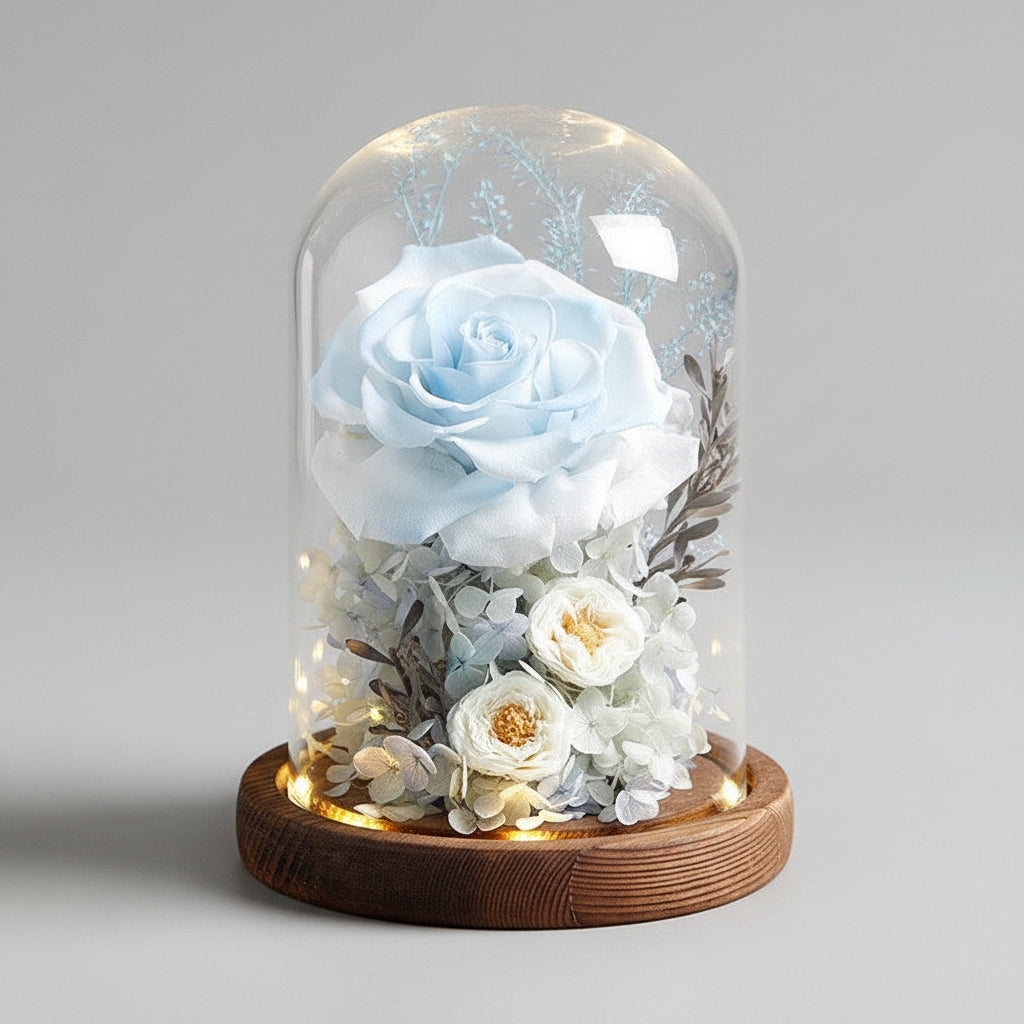 Rose éternelle Gargantua sous cloche en verre – coloris Bleu Clair | Les Roses De Lola