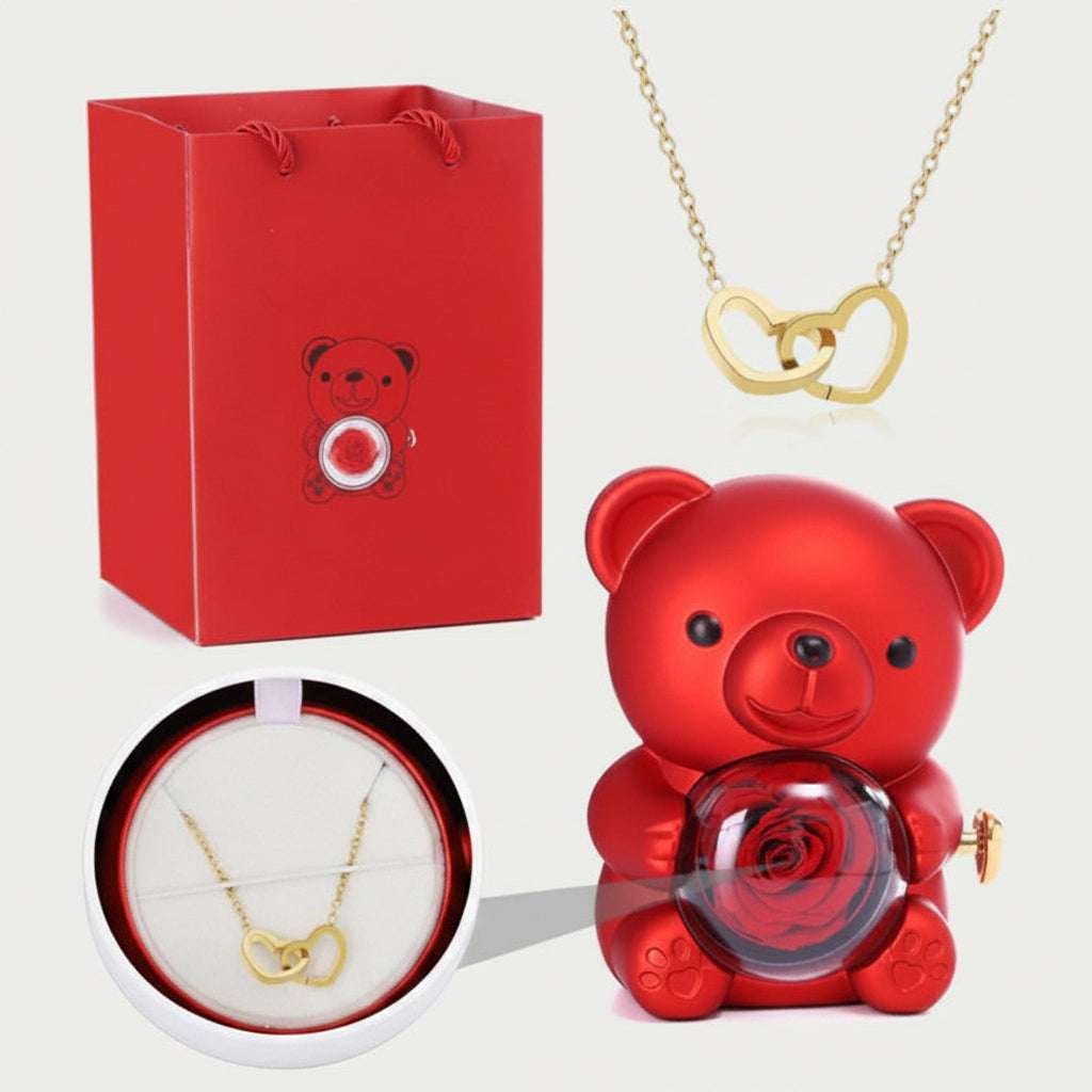 Ours coffret à bijoux avec rose sous dôme et collier double cœur – Les Roses De Lola