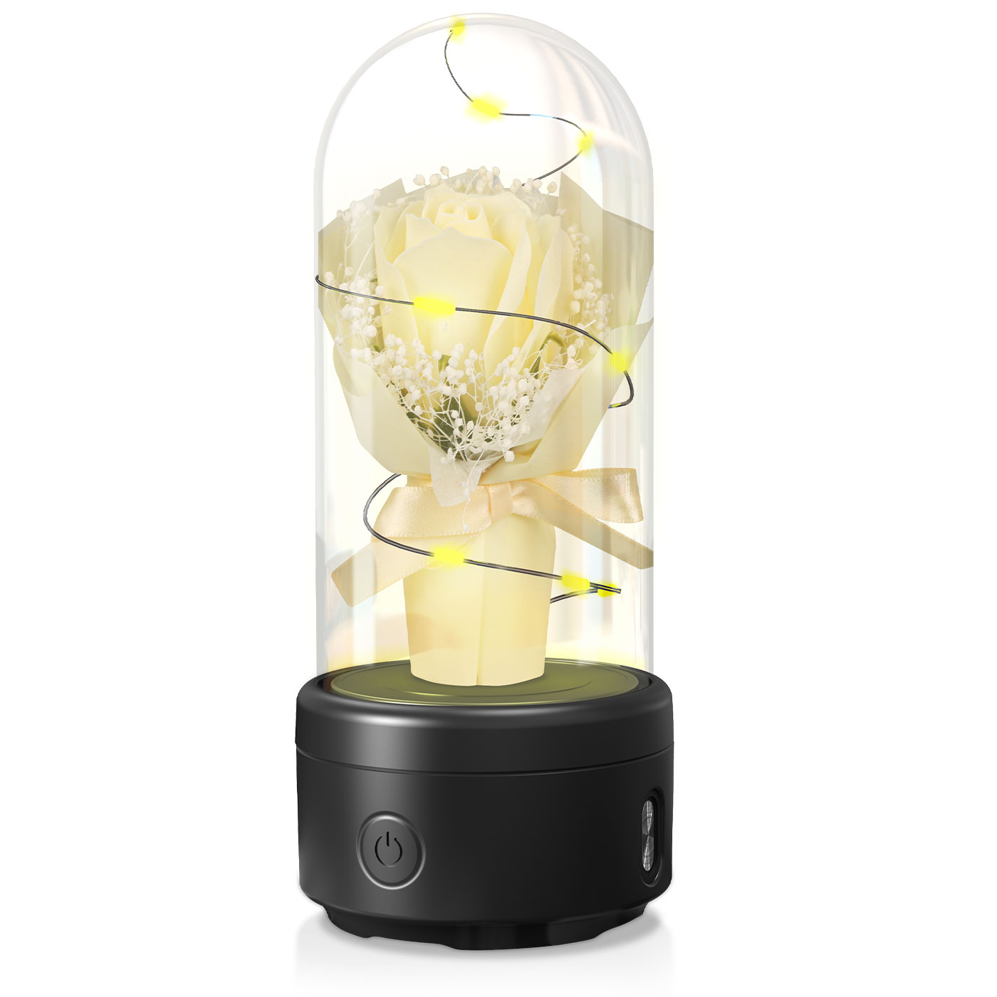 Bouquet lumineux sous dôme en verre enceinte Bluetooth LED – Jaune socle Noir | Les Roses De Lola