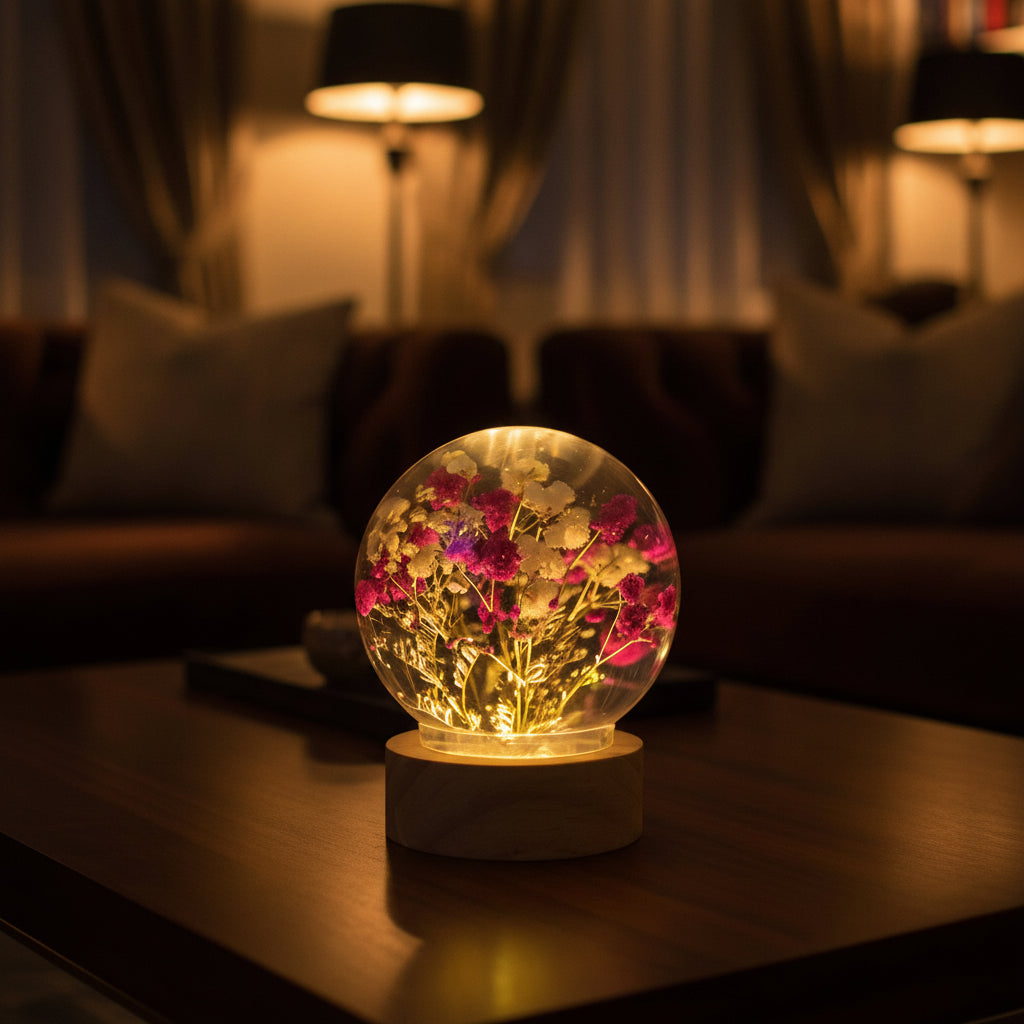 Veilleuse roses séchées posée sur table de chevet, cadeau romantique et décoratif pour femme — Les Roses De Lola

