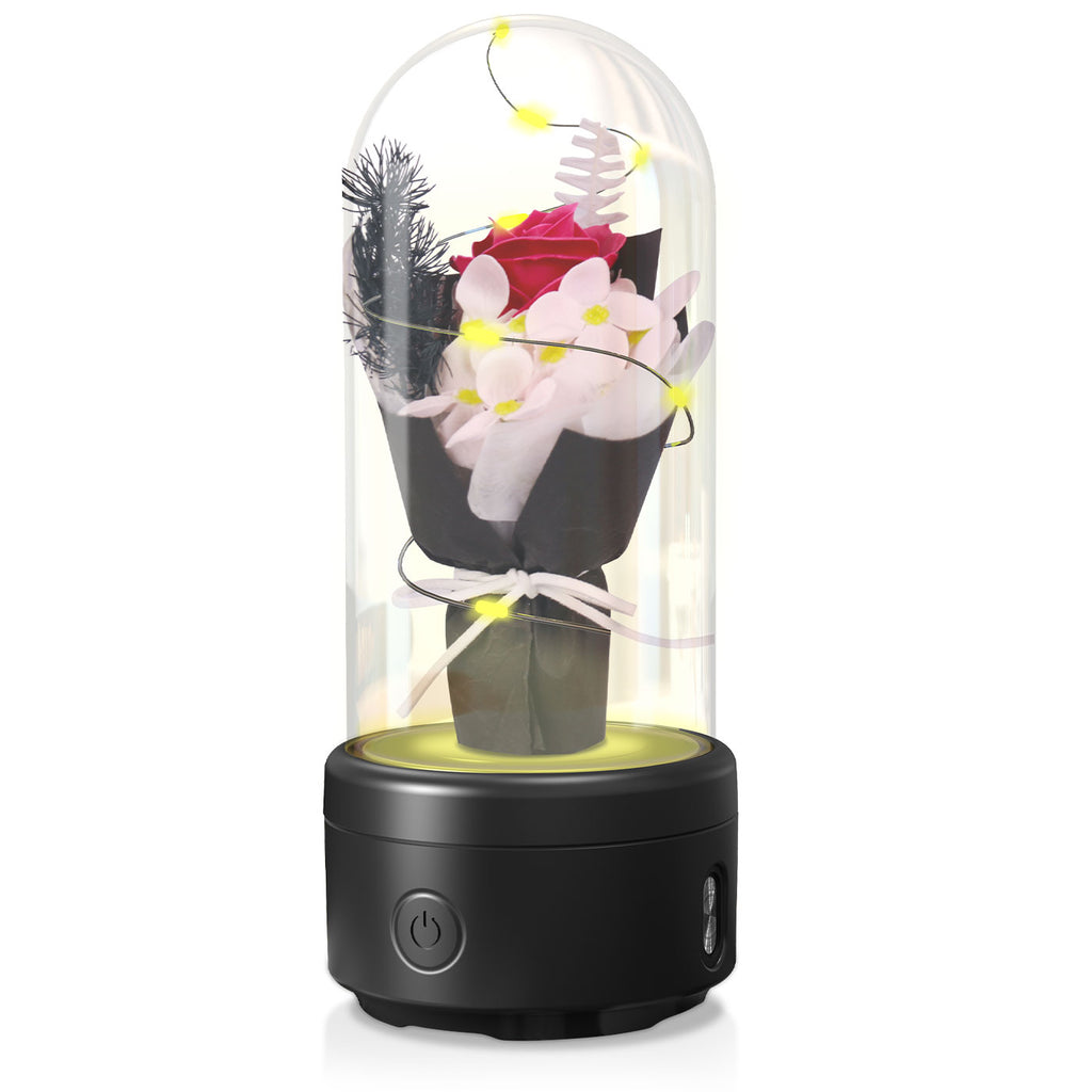 Bouquet lumineux sous dôme en verre enceinte Bluetooth LED – Noir socle Noir | Les Roses De Lola