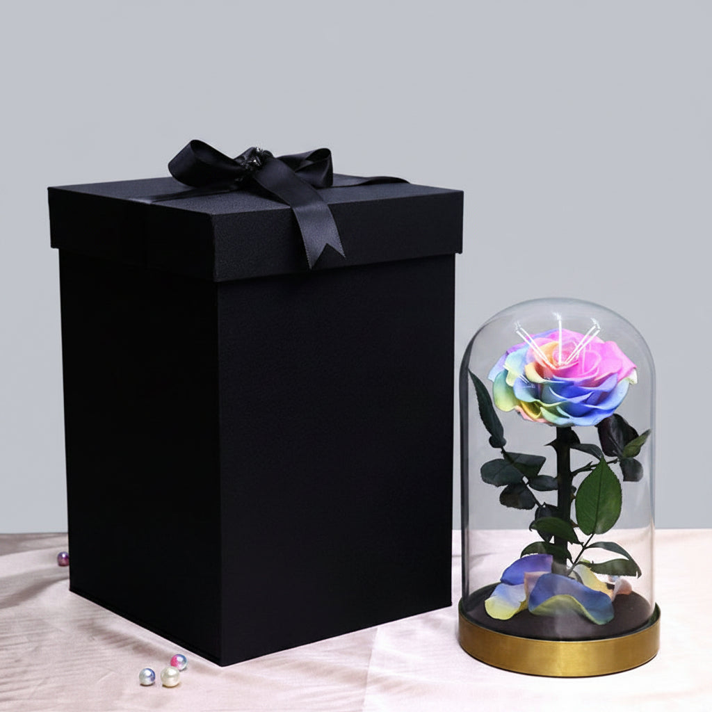 Rose éternelle grand format sous cloche en verre socle métal – coloris Multicolore | Les Roses De Lola