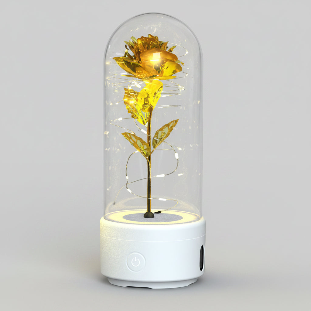 Rose éternelle LED Bluetooth – socle blanc fleur dorée – Les Roses De Lola