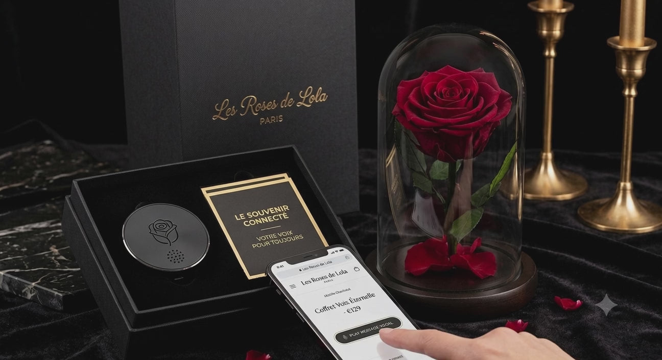 Rose éternelle sous dôme avec QR code connecté - Les Roses de Lola - message vocal personnalisé