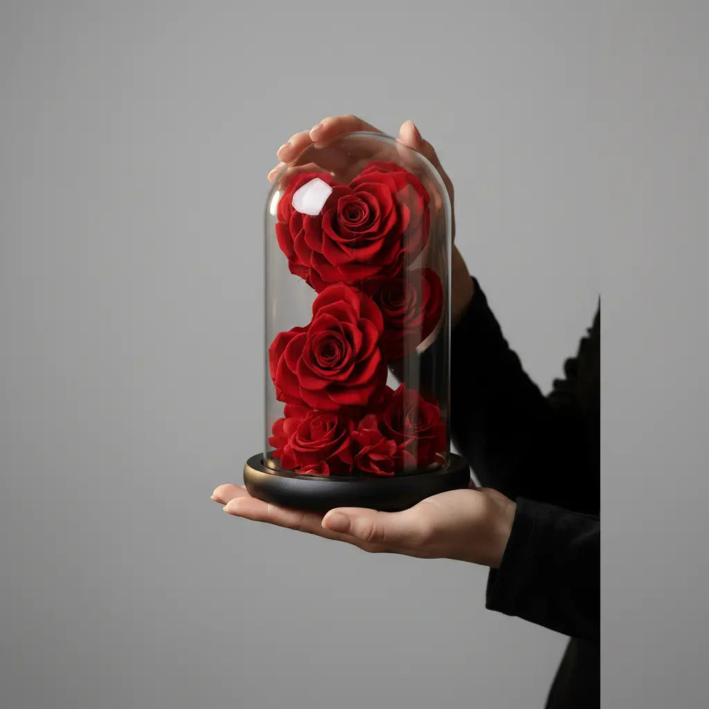 3 Roses Éternelles sur Tige sous Dôme et Pétales Hortensias – Les Roses De Lola