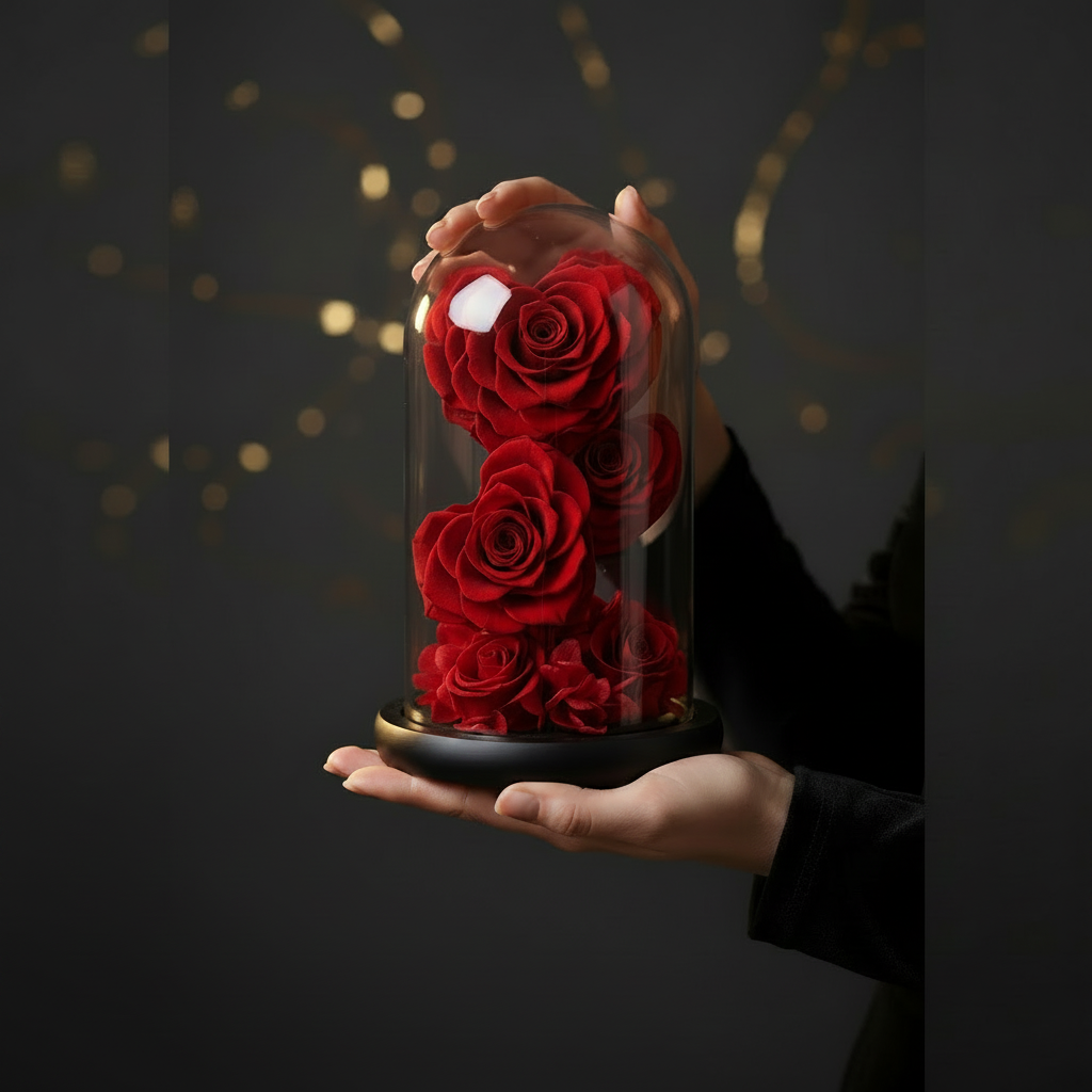 3 Roses Éternelles sur Tige sous Dôme et Pétales Hortensias – Les Roses De Lola