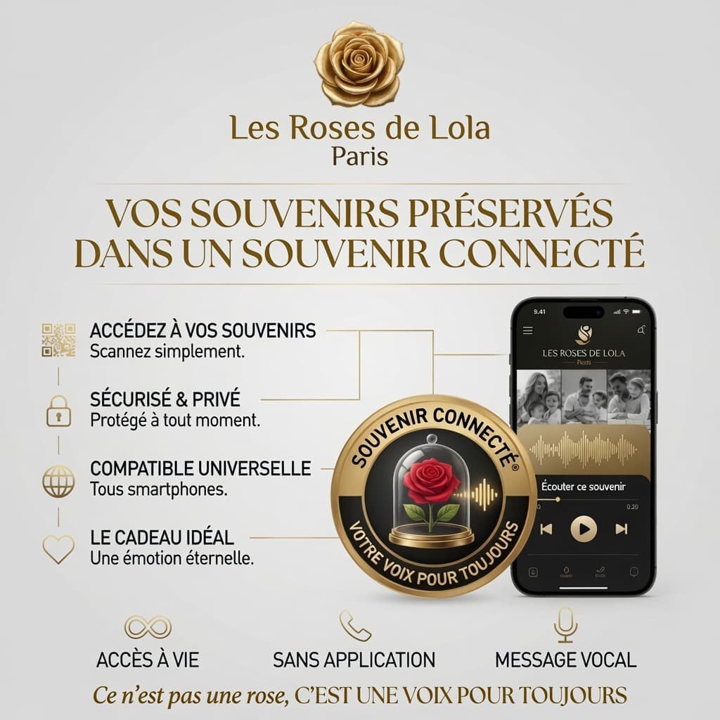 Médaillon Souvenir Connecté® et smartphone affichant un message vocal, accès à vie par QR code sans application